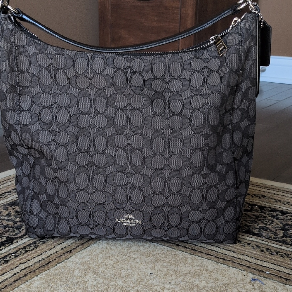 Coach Gray Signature Jacquard Hobo Bag with Black Trim and Silver Hardware